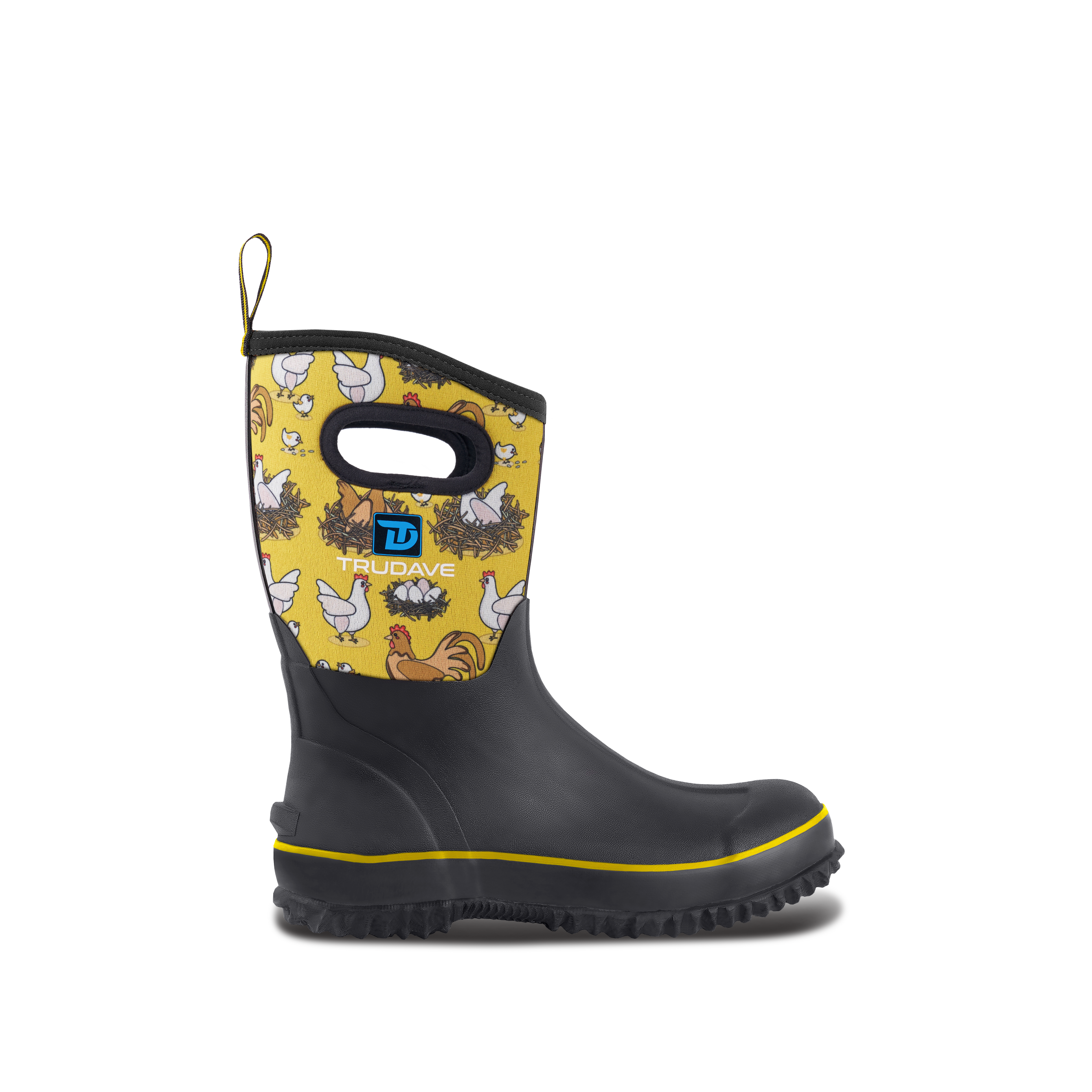 Side view of Trudave BloomBoot Series women’s mid-calf waterproof neoprene garden rain boots in black with yellow upper and chick pattern showing durable rubber design for rain and outdoor use